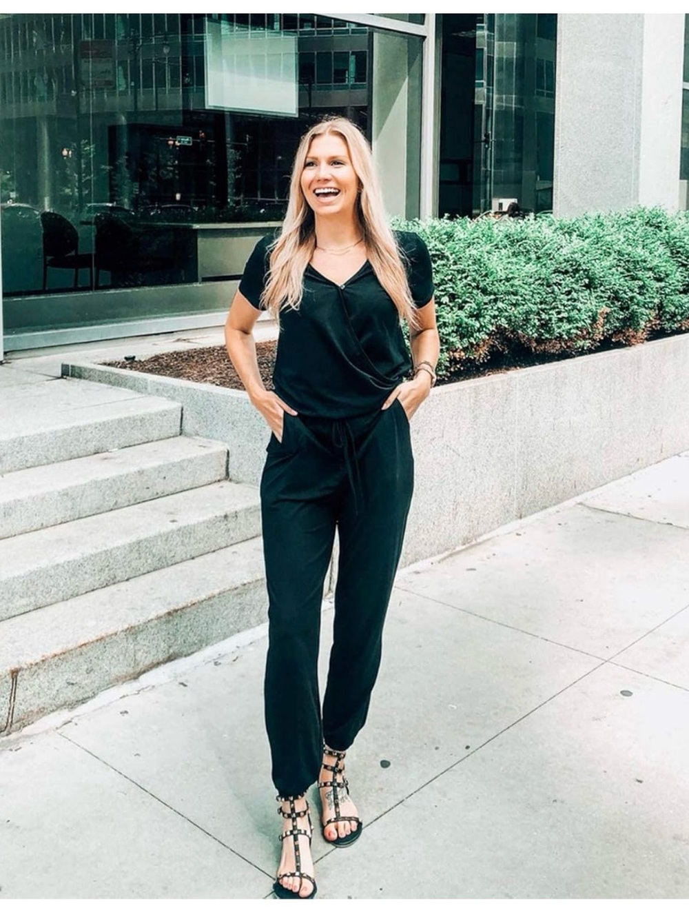 Women's Black Short-Sleeve V-Neck Jumpsuit with Drawstring Waist